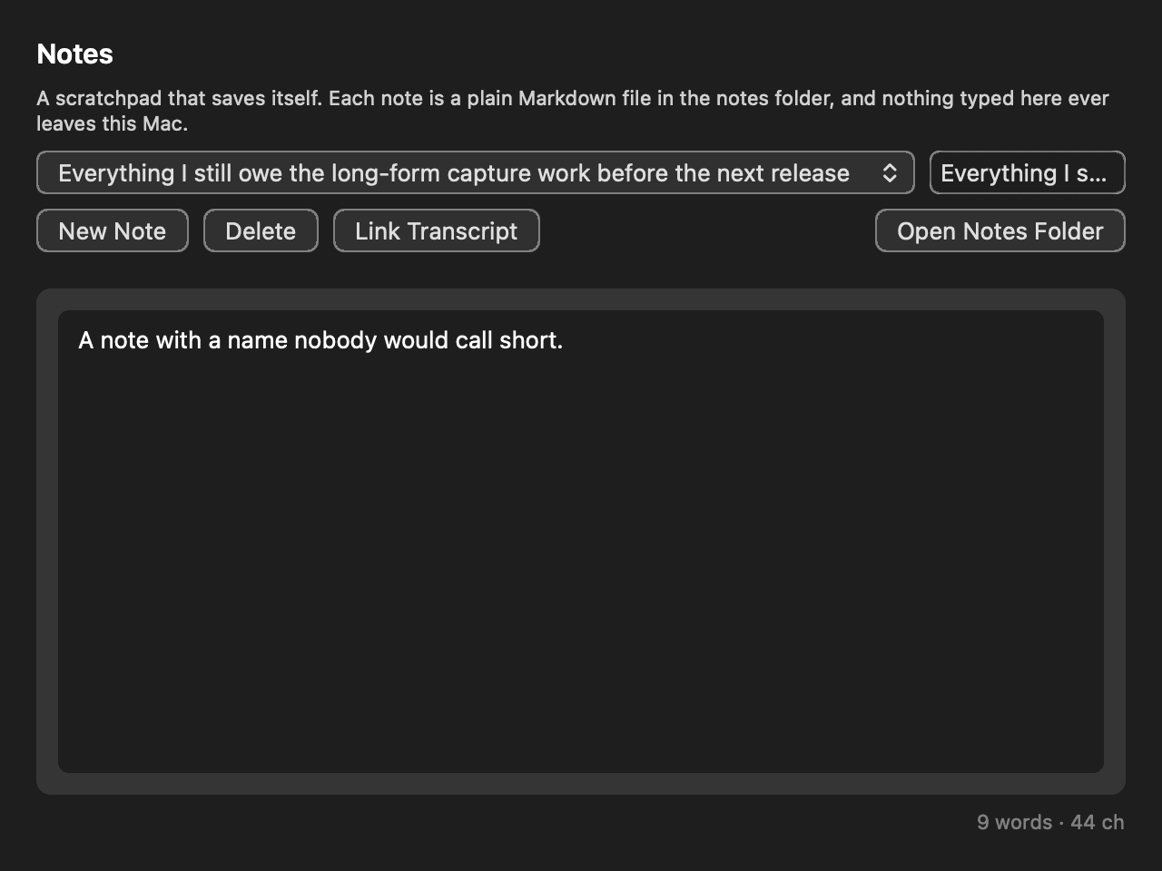 Flow's notes pane, a named note holding dictated text