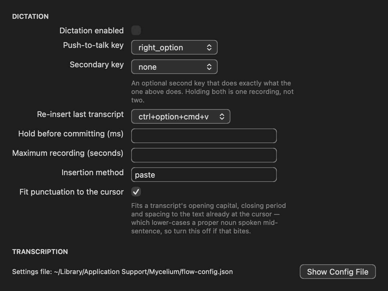 Flow's settings pane, showing the push-to-talk and re-insert keys